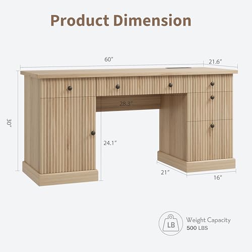 60" Office Desk with Storage & Drawers. Fluted Wood Computer Desk with Power Outlet & Adjustable Shelves.Modern Executive Desk for Home Office/Bedroom/Gaming-Burlywood