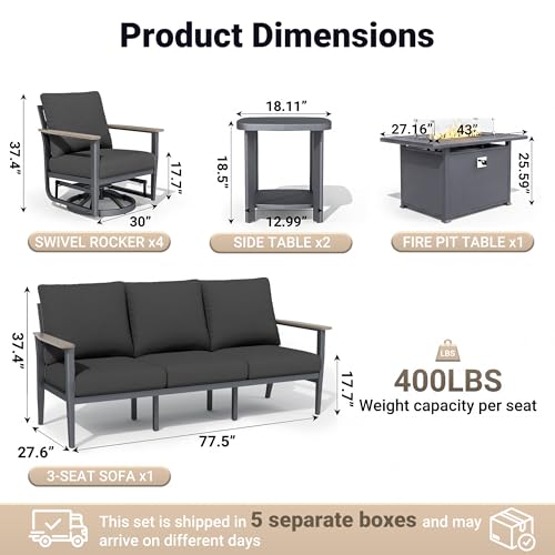 Aluminum Outdoor Patio Furniture Set with 5.1-Inch Cushions | 8-Piece: 3-Seat Sofa, 4 Swivel Rocking Chairs, 2 Side Tables & 55,000 BTU Fire Pit Table, Black