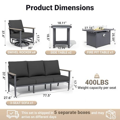 Aluminum Outdoor Patio Furniture Set with 5.1-Inch Cushions | 8-Piece: 3-Seat Sofa, 4 Swivel Rocking Chairs, 2 Side Tables & 55,000 BTU Fire Pit Table, Black
