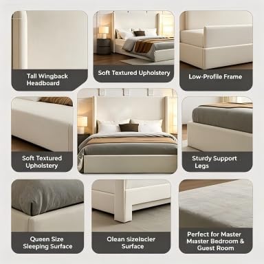 Queen Carmen Wingback Platform Bed 54" High Ivory Canvas Upholstered Headboard, view 7