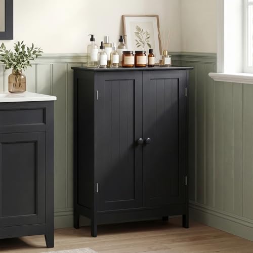 Bathroom Storage Cabinet, Freestanding Wooden Floor Cabinet with Double Doors, Adjustable Shelf, Modern Storage Organizers for Kitchen, Living Room, Entryway (Black)
