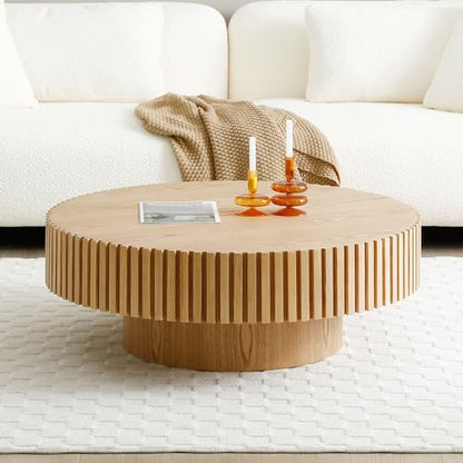 Round Coffee Table for Living Room Contemporary Wood Circle Fluted Coffee Table for Apartment, Easy Assembly ø31.49'', Wood Oak