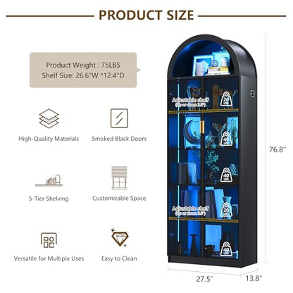 Arched Display Cabinet with Doors, 76" Tall Curio Cabinet with Adjustable Shelves/3 Colors LED Lights, 6 Tier Display Case for Collectibles Bedroom Living Room Office, Black