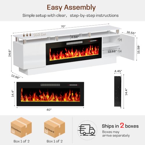 Fireplace TV Stand, 2 Tier 70" tv Stand with 40" Fireplace for Room, view 3