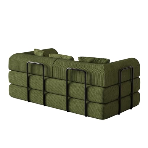 Convertible Sofa Bed, Corduroy Memory Foam Compression Sofa, Modular Floor Sofa with Pull-Out Bed, Compressed Couch Folding Sleeper Couches Bed for Living Room Bedroom Lounge, Olive Green