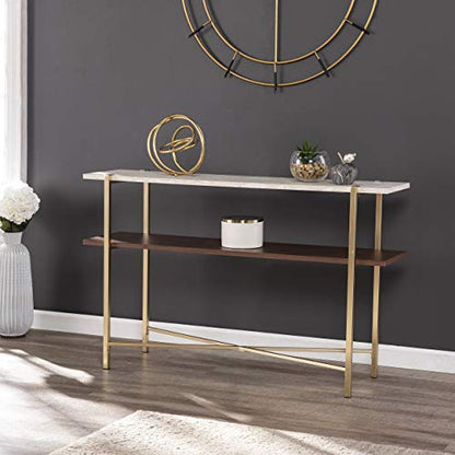 Ardmillan Two-Tier Faux Marble Top 47.25" Console Table, Brass/Dark Tobacco/White
