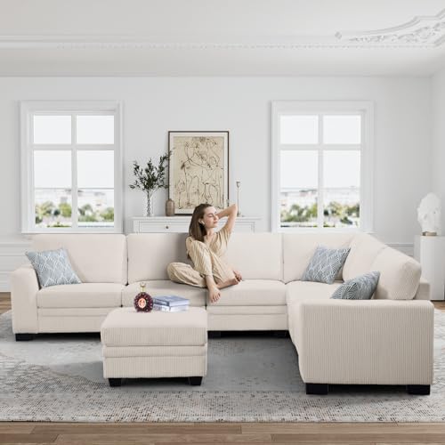 Oversized Modular Sectional Sofa,U/L-Shaped Corduroy Couch with Ottoman,Deep Seat & Removable Cushion,Easy Assembly for Living Room Apartment,7 Seater,Cream