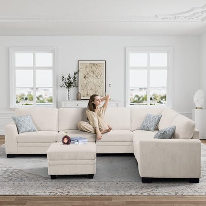 Oversized Modular Sectional Sofa,U/L-Shaped Corduroy Couch with Ottoman,Deep Seat & Removable Cushion,Easy Assembly for Living Room Apartment,7 Seater,Cream