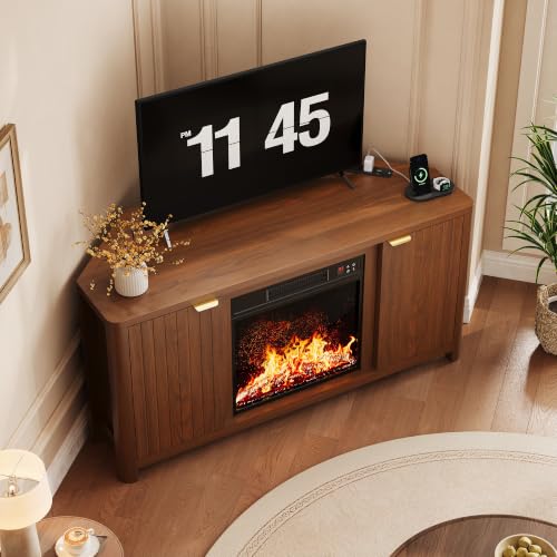 Corner Fireplace TV Stand for 55" TV, Fluted Entertainment Center, Walnut, view 4