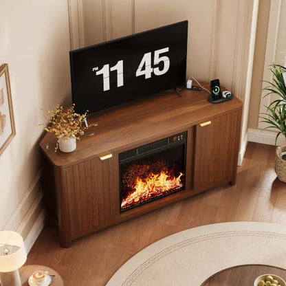 Corner Fireplace TV Stand for 55" TV, Fluted Entertainment Center, Walnut, view 4