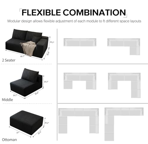 139.4" Modular Sectional Sofa, U-Shaped Minimalist Couches with 2 Ottomans Chaise, Modern Deep Seat Convertible Sleeper Sofa Bed,Cloud Plush Corduroy Fabric, No Assembly Required, 6 Seater, Black