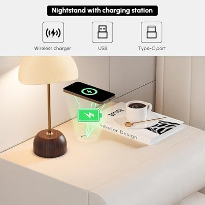 3-Pieces Bedroom Sets King Size Upholstered Bed Frame with 2 Smart Nightstands – Bouclé Platform Bed with Upholstered Headboard, Leather Nightstands with Wireless Charging, USB
