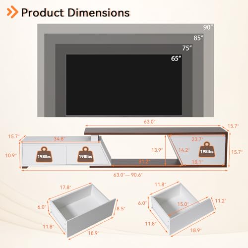 Extendable TV Stand, LED Entertainment Center, 63" - 90.6" | Wooden TV Media Console, Modern, 2 Drawers, Cabinet, Up to 90 Inch TV, Easy to Assemble, Living Room Bedroom, White & Walnut