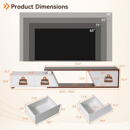 Extendable TV Stand, LED Entertainment Center, 63" - 90.6" | Wooden TV Media Console, Modern, 2 Drawers, Cabinet, Up to 90 Inch TV, Easy to Assemble, Living Room Bedroom, White & Walnut