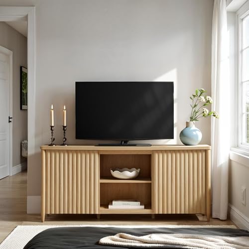 Scandinavian Reeded TV Stand with Storage for up to 70" TV Coastal Oak