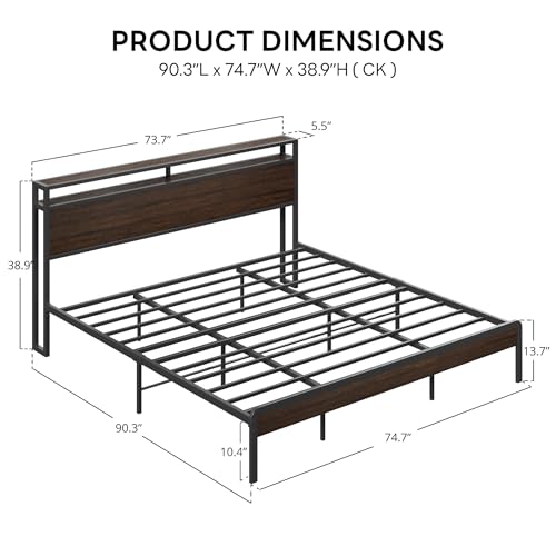 California King Bed Frames with 2-Tier Storage Shelf Headboard, view 3