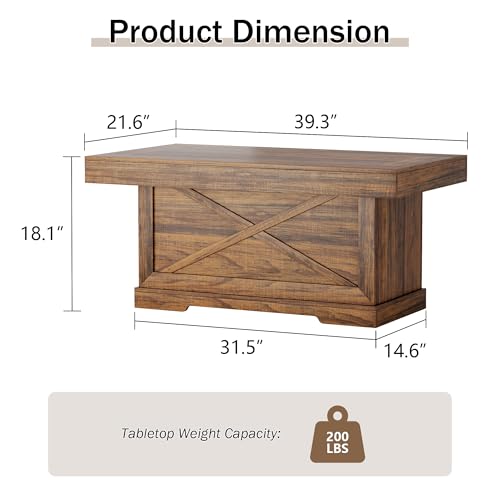 39 in Rustic Coffee Table for Living Room with X-Design, Rectangle | Farmhouse Center Table Wooden Pedestal, Space Saving, Home Office Tea Accent Table Dining Room Apartment, Walnut