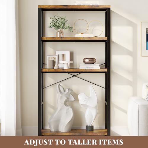 5-Tier Adjustable Heavy Duty Bookshelf, Industrial Wooden Open Storage Rack with Black Metal Frame, Vintage Bookcase with Lock Wall Design, Rustic Brown