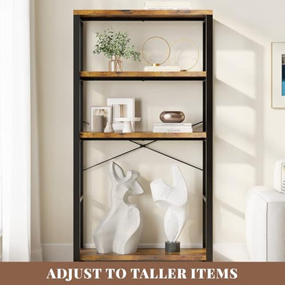 5-Tier Adjustable Heavy Duty Bookshelf, Industrial Wooden Open Storage Rack with Black Metal Frame, Vintage Bookcase with Lock Wall Design, Rustic Brown