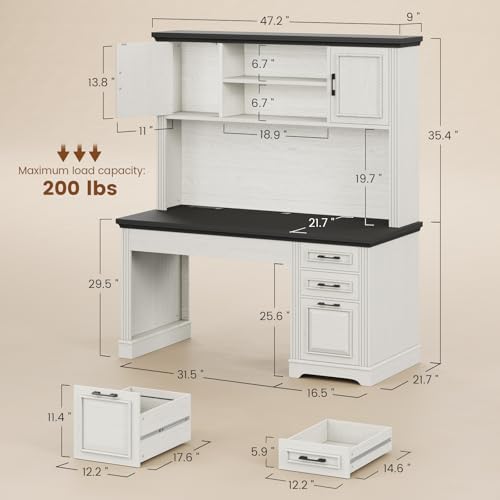 47.2" Farmhouse Computer Desk with Hutch and 3 Drawers, White, view 3