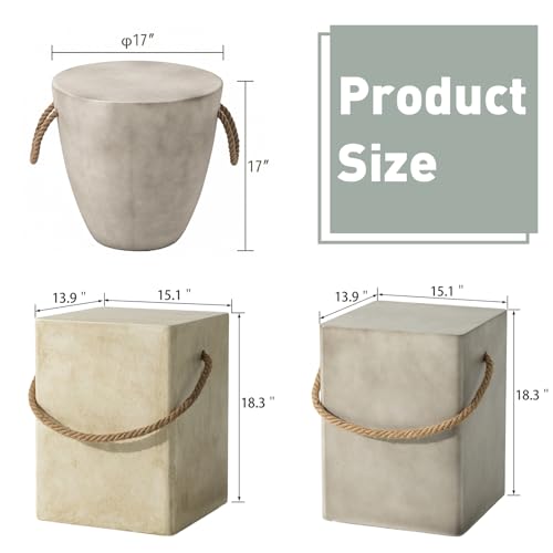 Outdoor Side Table Concrete Side Table, 17" H Small Outdoor Side Table End Table for Patio w Hemp Rope, Ceramic Round Coffee Table Accent Table Garden Outdoor Plant Stands