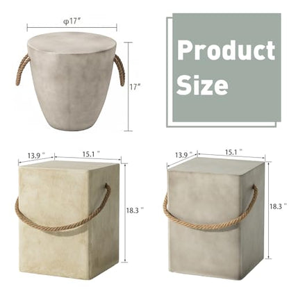 Outdoor Side Table Concrete Side Table, 17" H Small Outdoor Side Table End Table for Patio w Hemp Rope, Ceramic Round Coffee Table Accent Table Garden Outdoor Plant Stands