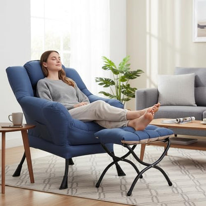 Lazy Chair with Ottoman, Modern Accent Chair with Armrests and a Side Pocket, Leisure Sofa Armchair, Reading Armchair with Footrest for Small Space, Royal Blue