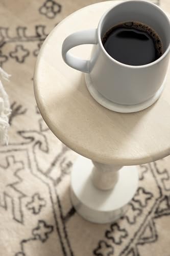 Avenal Modern Round Wood Drink Table, 9 x 9 x 22, Bleached Wood and White Marble, Boho Circle Mini Pedestal with Marble Base for Use as Martini Stand or Small Bedroom Nightstand Option