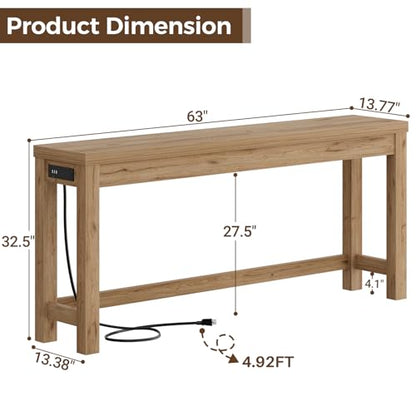 63" Console Table with Charging Station, 13.8" Deep Farmhouse Sofa Table Behind Couch with 2 AC Outlets & 3 USB Ports, Long Entryway TV Console or Home Office Desk, Natural Oak