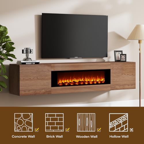 70'' Floating TV Stand with 36" Electric Fireplace, High Glossy, Brown, view 7