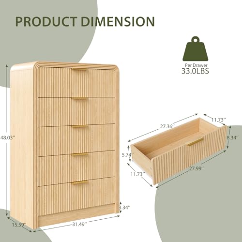 Fluted 5 Drawers Dresser, 48" Tall Chest of Drawers for Bedroom, view 3