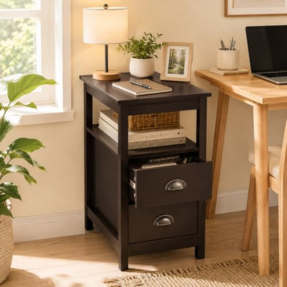Side Table Living Room Narrow Rustic End Table Bedroom with 2 Drawers and 1 Open Shelf for Small Space（Brown, 23.6" L x 11.8" W x 24’’H）
