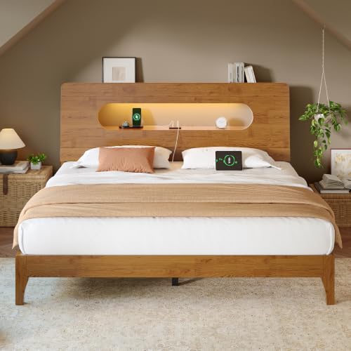 Queen Size Solid Wood Bed Frame with Storage Headboard,Brown, view 2