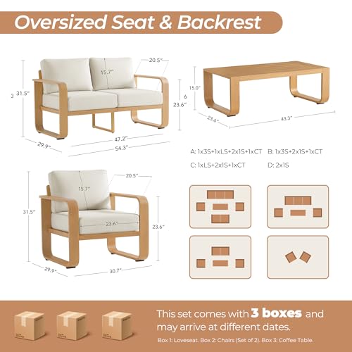 CHITA Outdoor Furniture Set 4 Piece, 4-Seats Patio Conversation Set, Brown | 100% Aluminum Frame, Wood-Like Finish Grain, 6.3in Thickened Cushion, OEKO-TEX Olefin Washable Covers, Anti-slip Straps