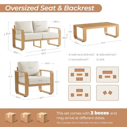 CHITA Outdoor Furniture Set 4 Piece, 4-Seats Patio Conversation Set, Brown | 100% Aluminum Frame, Wood-Like Finish Grain, 6.3in Thickened Cushion, OEKO-TEX Olefin Washable Covers, Anti-slip Straps