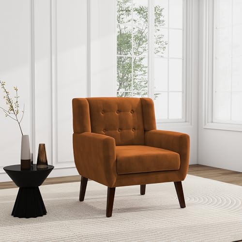 Accent Chair, Velvet Upholstered Armchair for Living Room, Modern Club Arm Chairs Comfy Single Sofa Button Tufted Bedroom Reading Seat - Orange, Set of 1