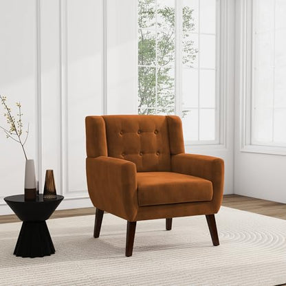 Accent Chair, Velvet Upholstered Armchair for Living Room, Modern Club Arm Chairs Comfy Single Sofa Button Tufted Bedroom Reading Seat - Orange, Set of 1