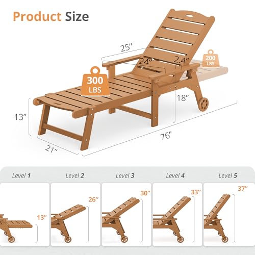 Outdoor Chaise Lounge, 5‑Position, 2‑Pack, Teak Color, view 3