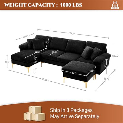 U-Shaped Sectional Sofa Couch, 4 Seat Sofa Set for Living Room, Convertible L-Shaped Velvet Couch Set with Chaise Lounge, Ottoman and Pillows,114 inches (Black)