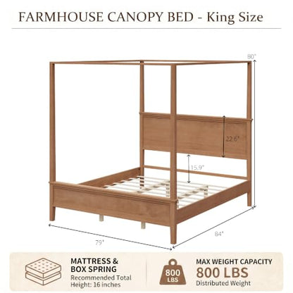 King Canopy Bed Frame with Headboard, 4-Poster Platform Bed, view 3