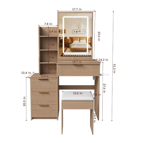 Fluted Makeup Vanity, Small Vanity Desk with Mirror and Lights, Charging Station, view 3