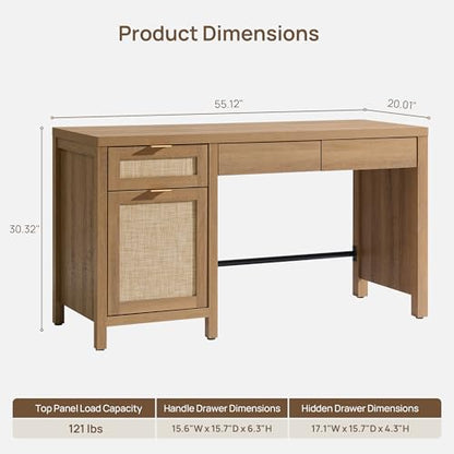 55" Rattan Desk with 3 Drawers - Wood Office Computer Desk with Storage Modern Boho Home Office Desks with Side Cabinet - Large Executive Desk Study Table for Bedroom, Living Room, Oak