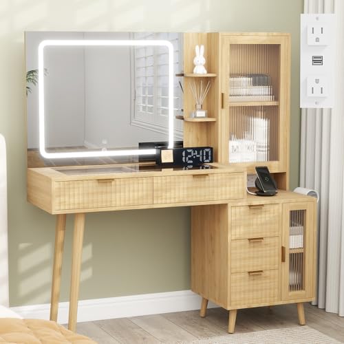49” Wood Makeup Vanity Desk with Mirror and Lights Natural Oak, view 2