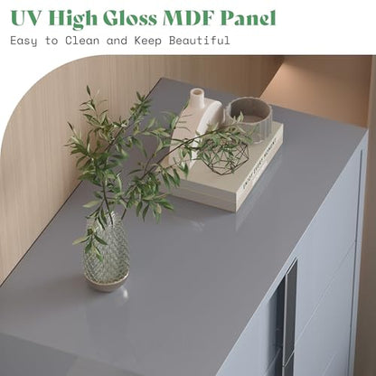 4 Piece Bedroom Dresser Set, Modern High Gloss UV Finish, 2 Nightstands, Chest of 5 Drawers & 6-Drawer Dresser, Electroplated Metal Handles, Bedroom Furniture Set, Grey
