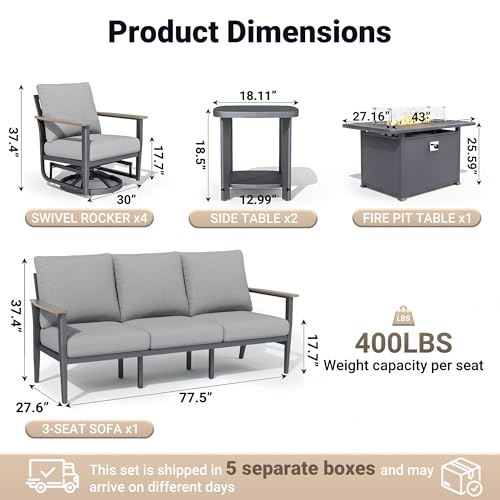 Aluminum Outdoor Patio Furniture Set with 5.1-Inch Cushions | 8-Piece: 3-Seat Sofa, 4 Swivel Rocking Chairs, 2 Side Tables & 55,000 BTU Fire Pit Table, Gray