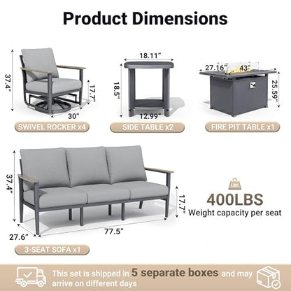 Aluminum Outdoor Patio Furniture Set with 5.1-Inch Cushions | 8-Piece: 3-Seat Sofa, 4 Swivel Rocking Chairs, 2 Side Tables & 55,000 BTU Fire Pit Table, Gray