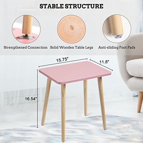 Small Accent Table, Modern Mini Coffee Table with Natural Wood Legs, Quick Assembly End Furniture for Bedroom Living Area Sofa, Minimalist Design for Nuresery and Compact Homes, Pink