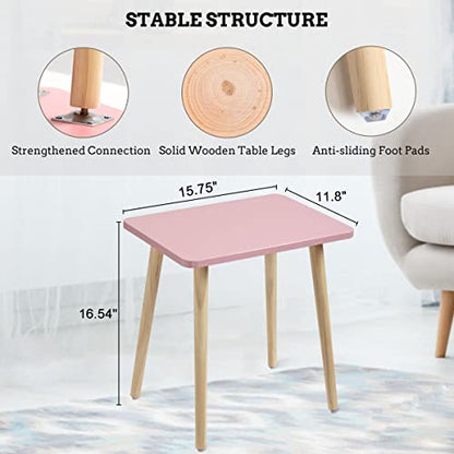 Small Accent Table, Modern Mini Coffee Table with Natural Wood Legs, Quick Assembly End Furniture for Bedroom Living Area Sofa, Minimalist Design for Nuresery and Compact Homes, Pink