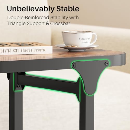 Ultra Stable & Durable End Table, Ajustable Height C Shaped Side Table for Couch, Sofa Side Table with Thickened Metal Frame for Living Room, Bedroom, Rustic