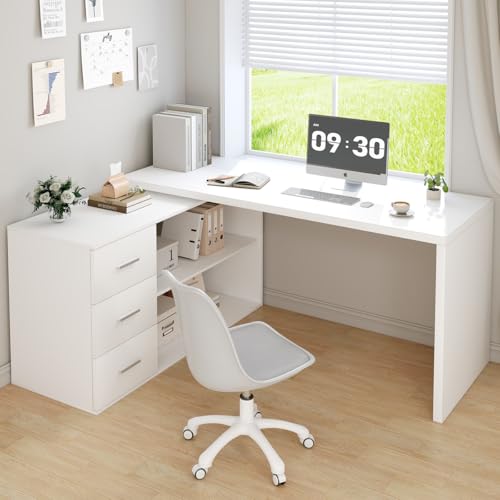 White L Shaped Desk with Drawers Shelves, Corner Home Office Desk L Shape with Storage Cabinet, Large Wood Computer Desk for PC Executive Work Writing Study, Modern Living Room Bedroom Table,60 In